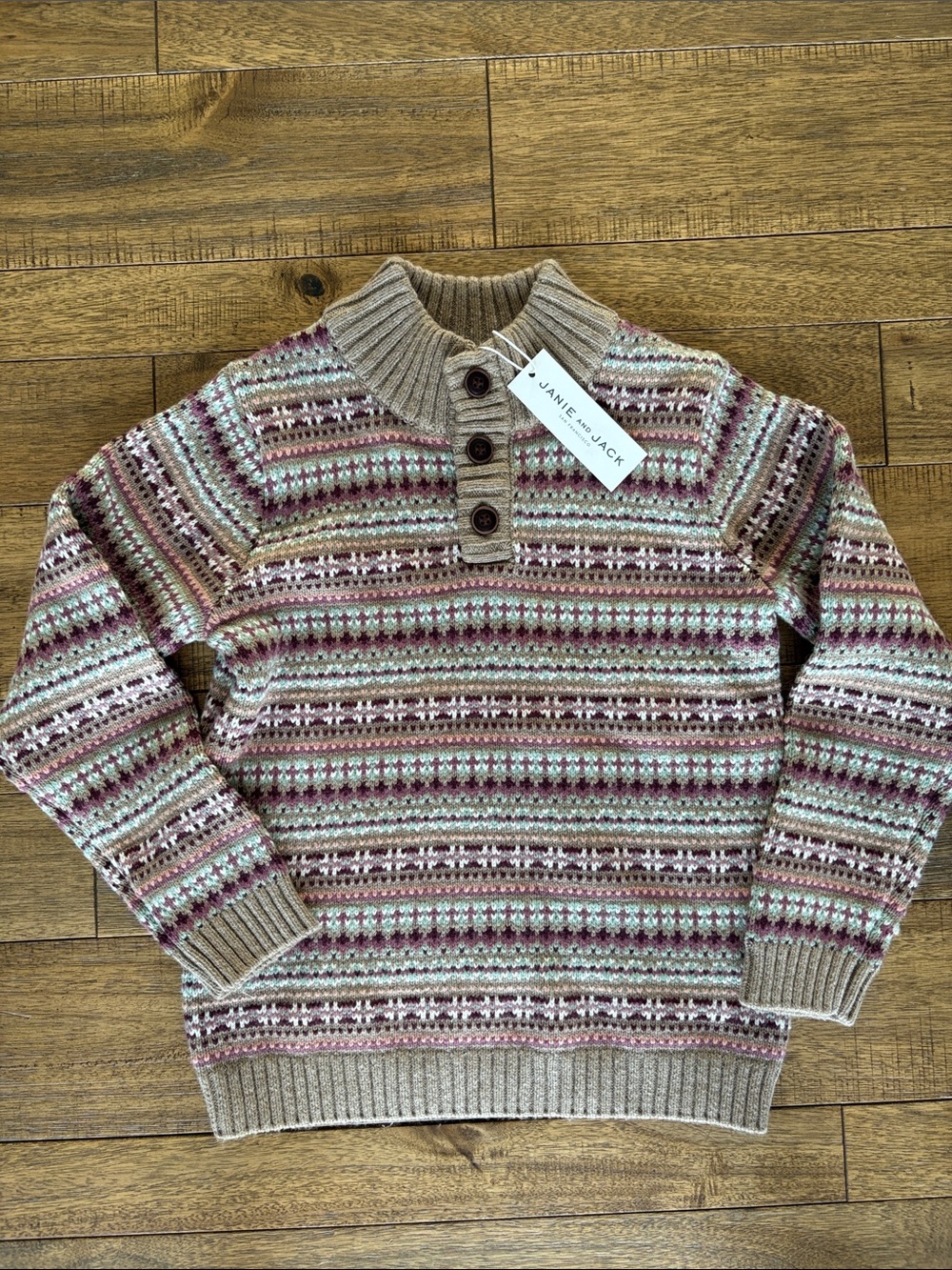 Janie and Jack New Boys Fair Isle Button-Neck Sweater in Beige and Burgundy
